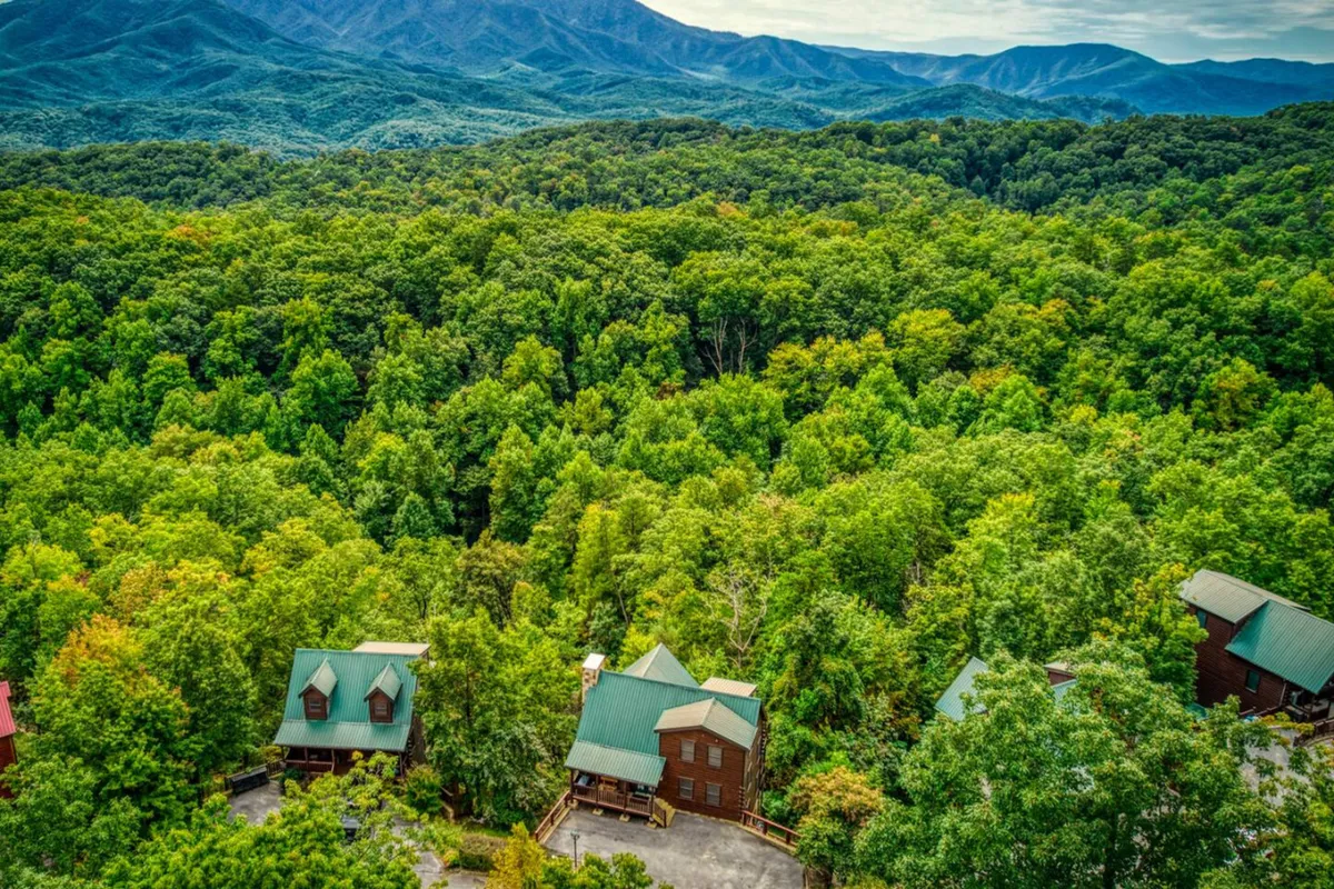 A sweeping view of the Smoky Mountains framed by dense forests and dotted with cabins featuring green roofs. The landscape radiates peace, adventure, and proximity to nature, evoking the spirit of outdoor exploration.